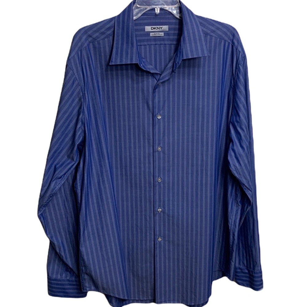 DKNY Men’s Slim Fit Natural Stretch Cotton Blue & White Striped Dress Shirt XL